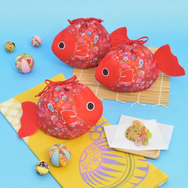 Goldfish-shaped wrapping bag with traditional Japanese patterns
