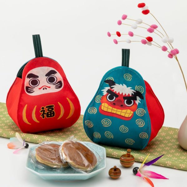 Reversible wrapping bag with daruma on one side and shishi-mai lion dance design on the other