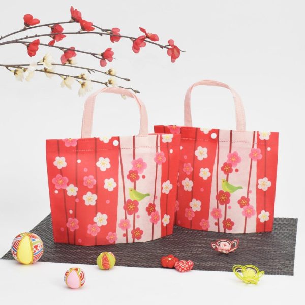 Mini tote wrapping bag with plum blossom and Japanese bush warbler design